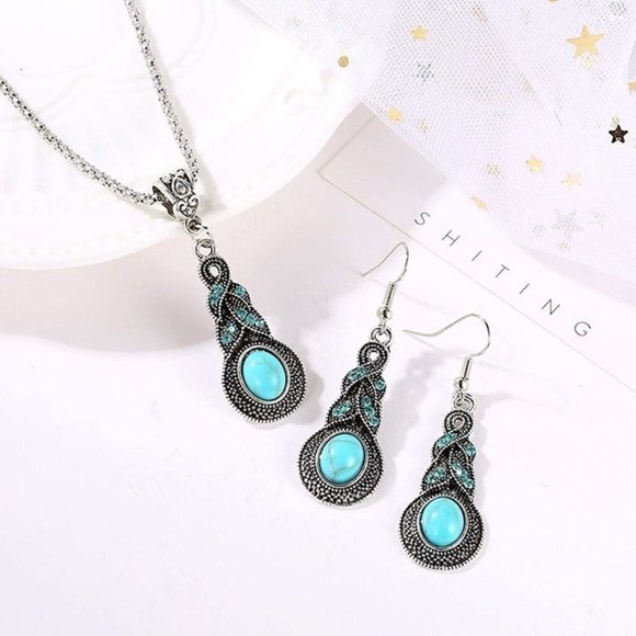 New Water Drop Shaped Bohemian National Style Turquoise Alloy Necklace a… - Picture 4 of 12